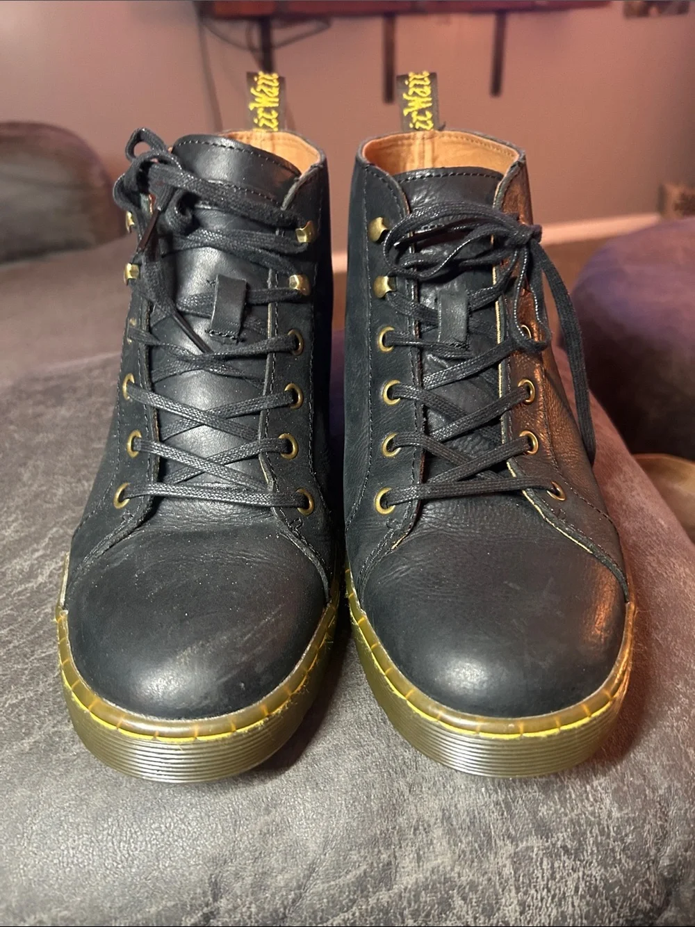 Dr. Martens Black Leather Lace-Up Boots with Gold Trim, Sz Men’s 9